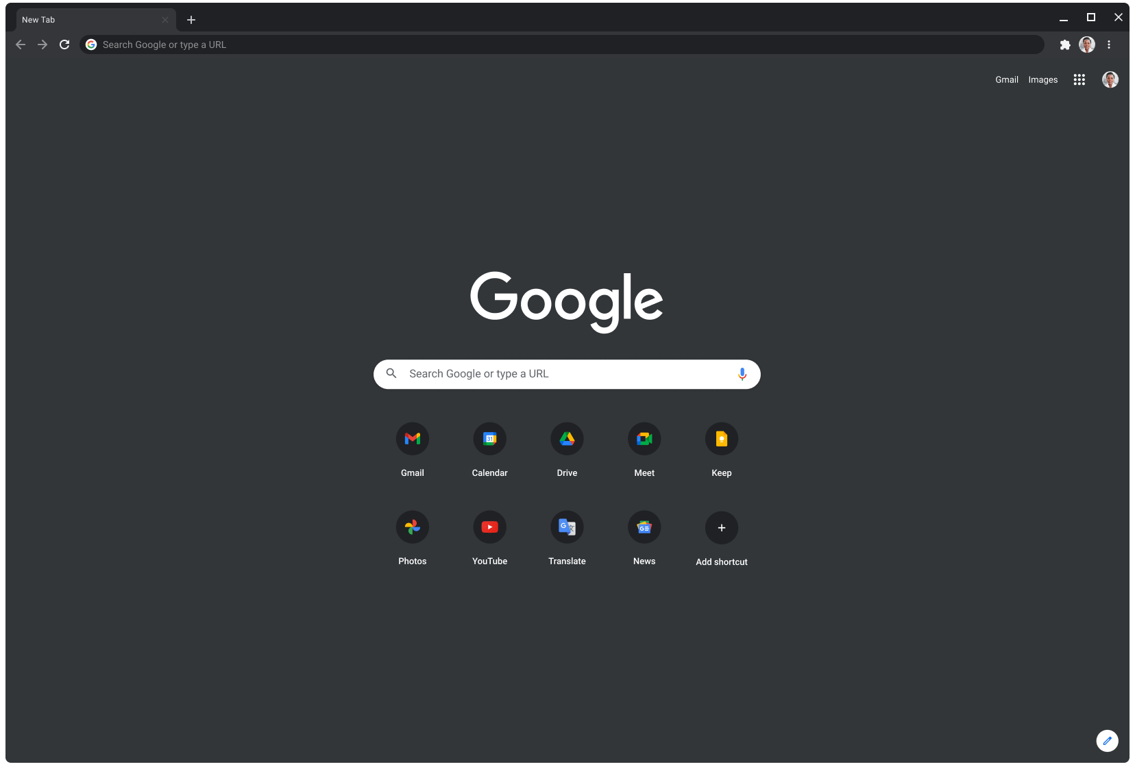 採用暗光模式的 Chrome 瀏覽器視窗中顯示 Google.com 網頁。