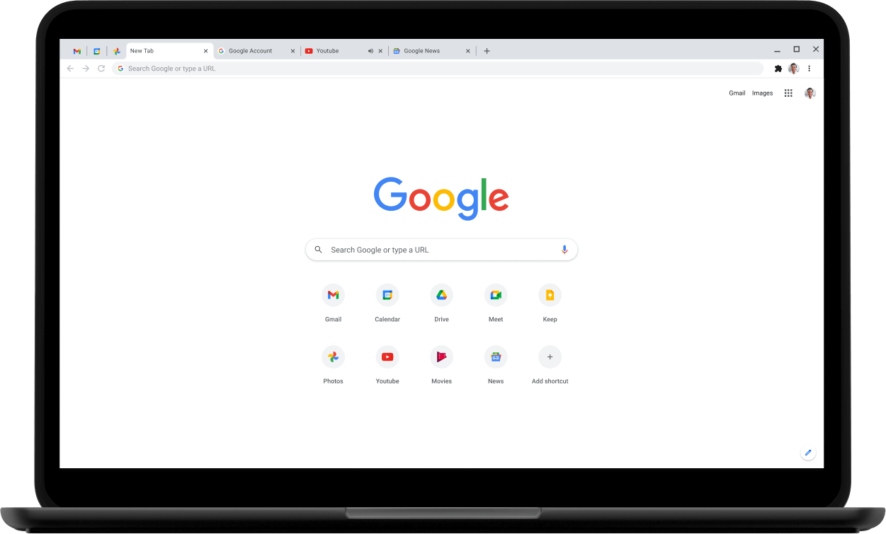 Extrem superior esquerre d'un portàtil Pixelbook amb el lloc web Google.com a la pantalla.