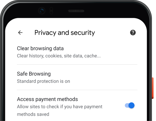 行動裝置上 Chrome 瀏覽器的「隱私權和安全性」設定頁面。