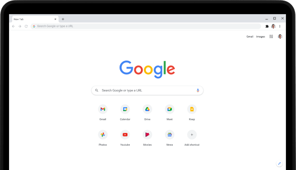 Sudut kiri atas laptop Pixelbook Go dengan layar yang menampilkan kotak penelusuran Google.com dan aplikasi favorit.