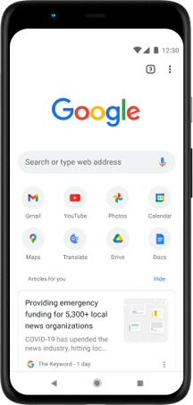 Ponsel Pixel 4 XL dengan layar yang menampilkan kotak penelusuran Google.com, aplikasi favorit, dan artikel yang disarankan.