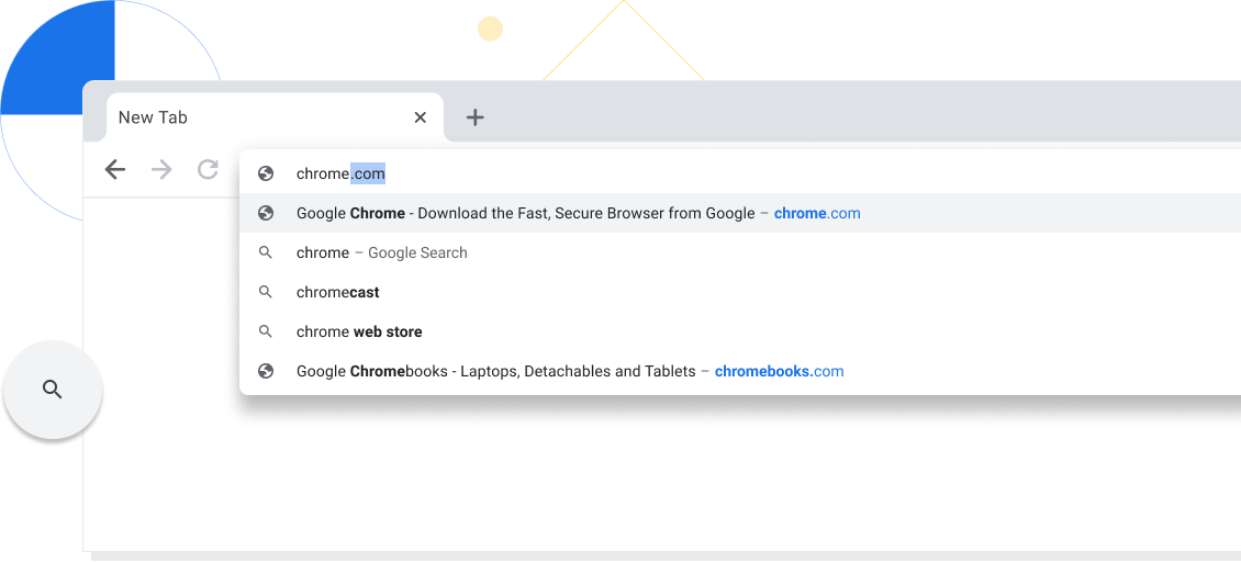 Chrome 瀏覽器視窗的放大顯示畫面,畫面中的新分頁網址列裡輸入了「chrome.com」。