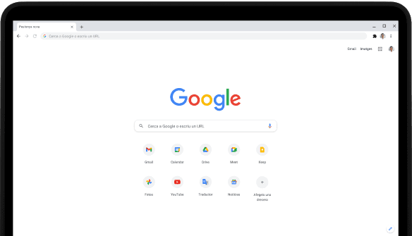 Extrem superior esquerre d'un portàtil Pixelbook Go amb la barra de cerca de Google.com i les aplicacions preferides a la pantalla.