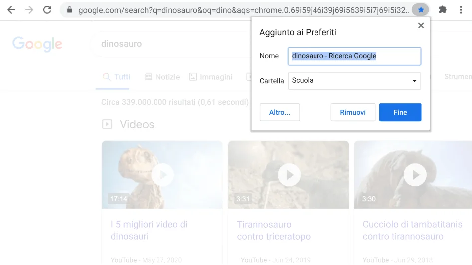 Finestra del browser Chrome con la finestra di dialogo Aggiungi ai Preferiti aperta visibile.