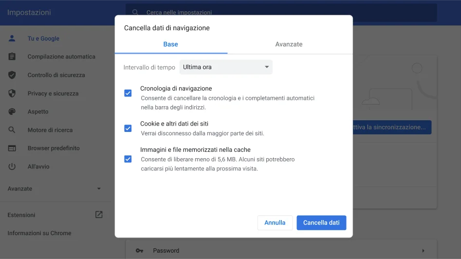 Finestra di impostazioni del browser Chrome in cui è mostrato il menu opzioni Cancella dati di navigazione.