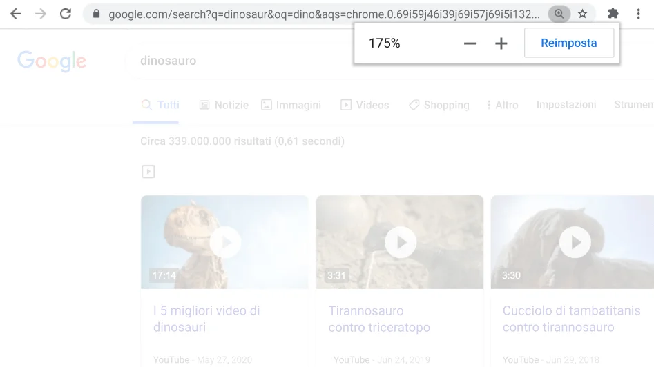 Finestra del browser Chrome con una pagina web aperta e la funzione Zoom attiva.