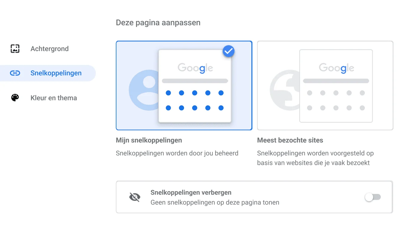 Venster met Chrome-browserinstellingen met het dialoogvenster Snelkoppelingen.