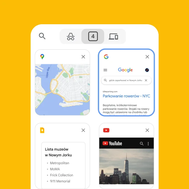 Przeglądarka mobilna wczytuje karty z przeglądarki na komputerze, w tym Mapy Google i informacje o parkingach w Nowym Jorku.