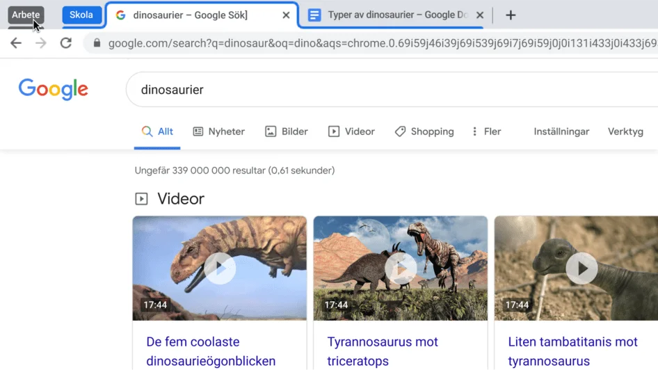 Ett webbläsarfönster i Chrome som visar hur en flikgrupp komprimeras.