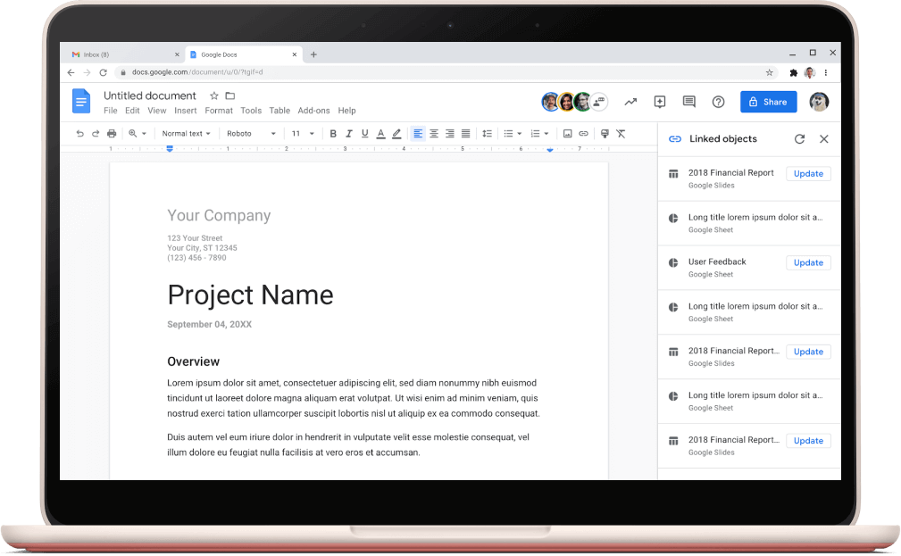 Layar Google Dokumen menunjukkan template project yang terbuka.