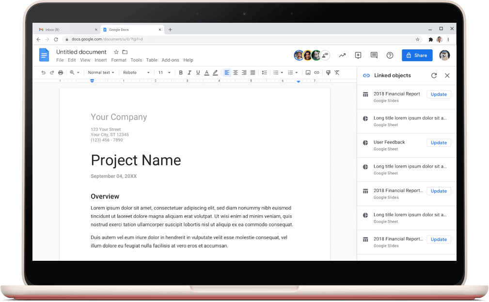 顯示已開啟項目範本的「Google 文件」畫面。