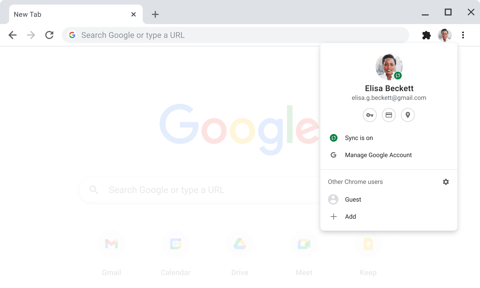 Chrome 瀏覽器視窗中顯示帳戶及 Google 帳戶的同步處理設定，且同步處理功能已啟用。