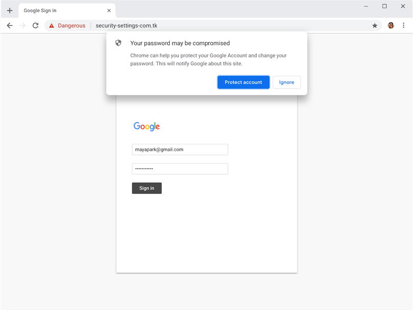 Chrome browser showing password alert